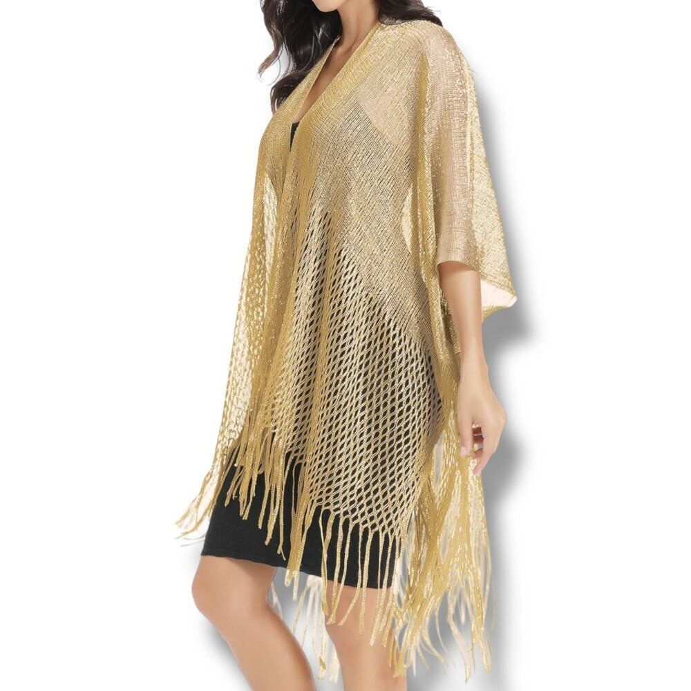 Gold Metallic Open Knit Long Fringe Kimono Cardigan OS